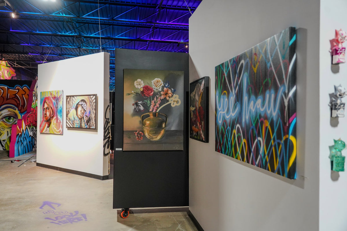 View through Gallery DeFi rooms showing work by participating artists