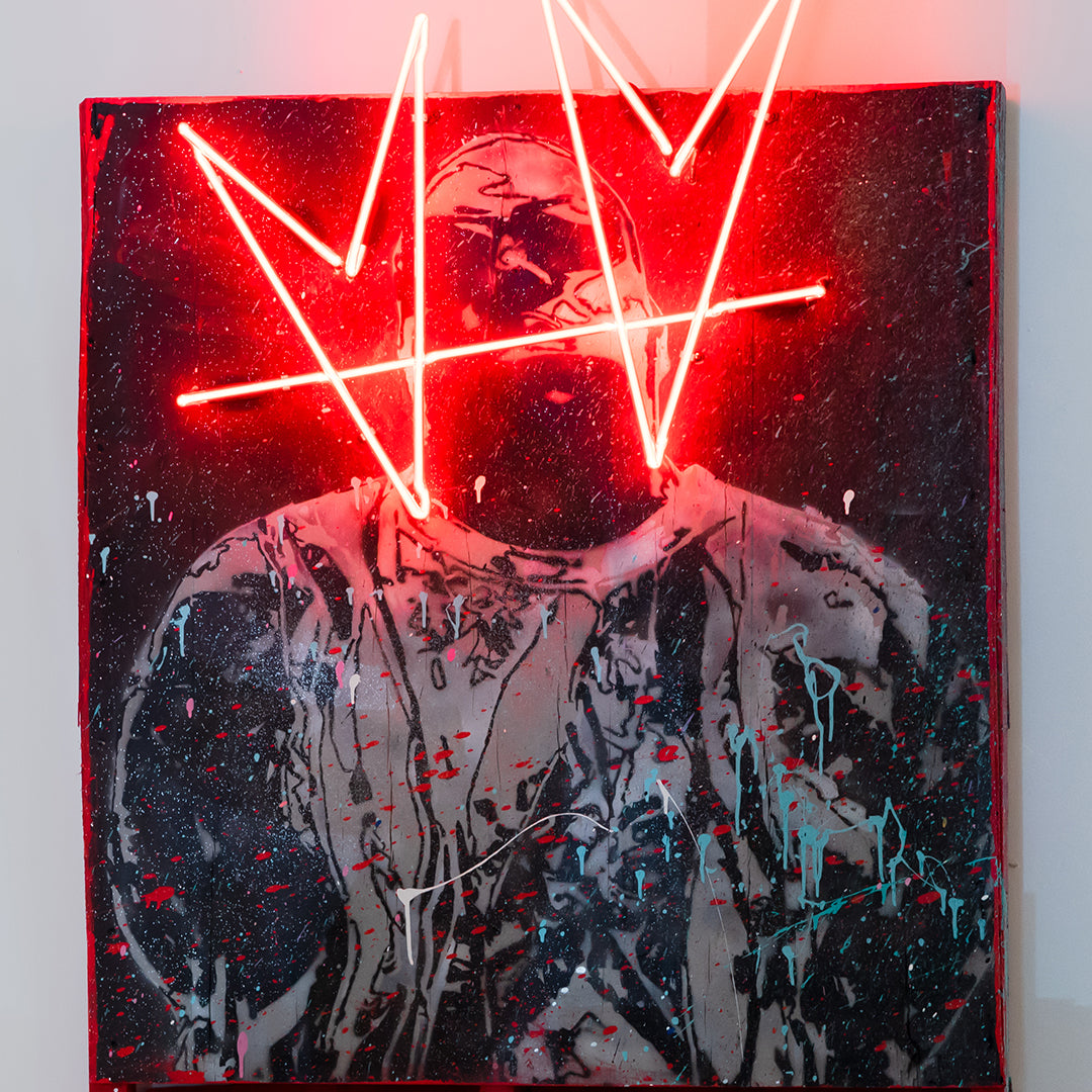 not.biggie by not.travis, painted portrait on found wood crossed by red neon linked hearts