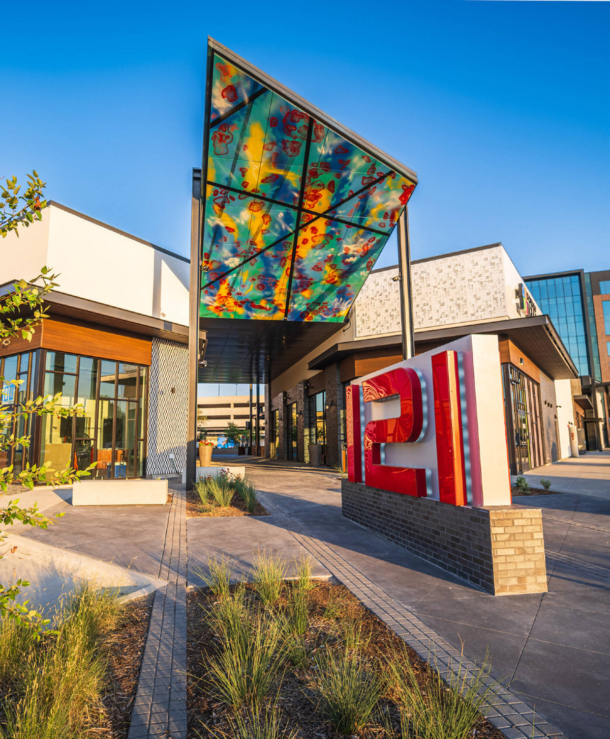Colorful overhead installation by not.travis at District 121 in McKinney, Texas