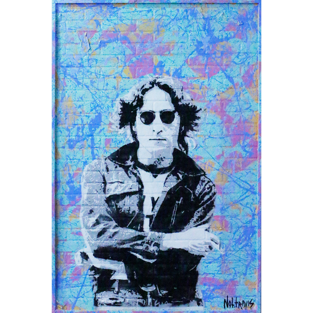 caribbean.lennon by not.travis, a John Lennon portrait on a blue, pink and yellow painted board